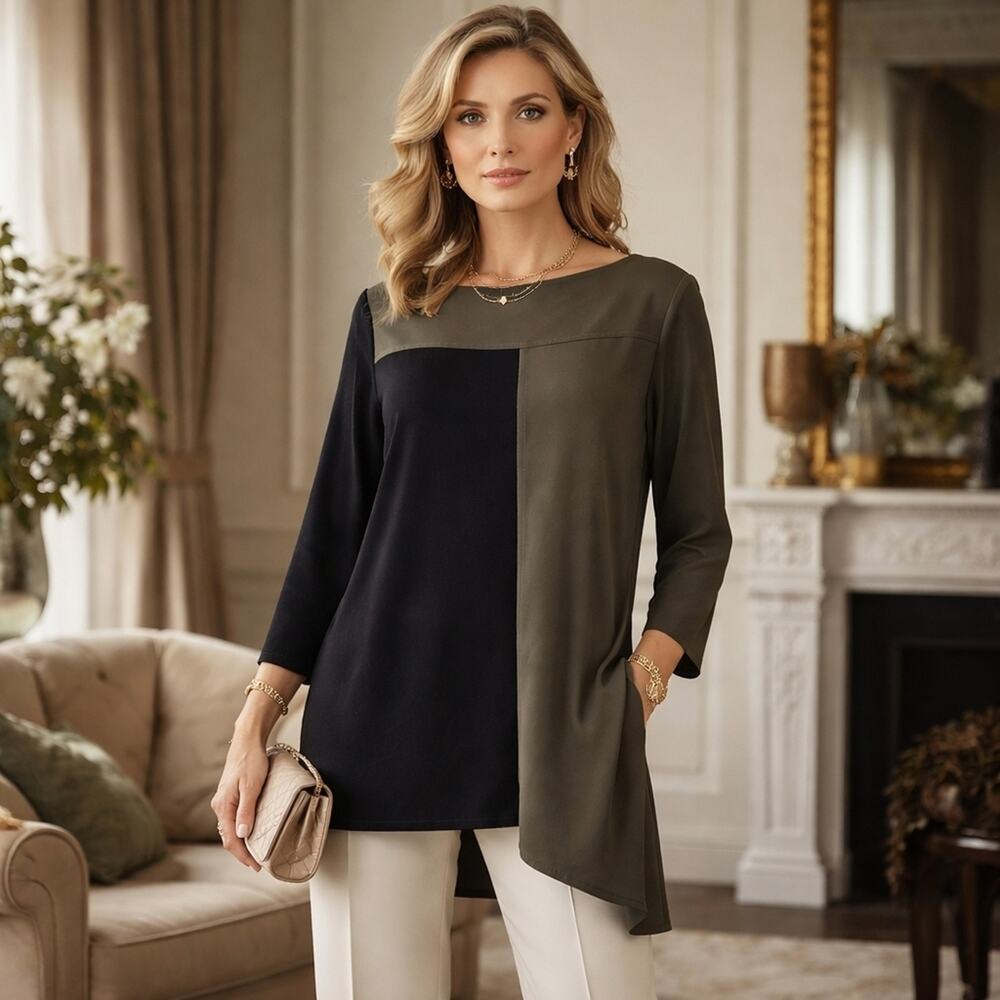 Tom and Linda Platt Olive Green Black Colorblock Tunic Top 8 Lagenlook